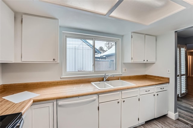 kitchen featuring a sink, white cabinetry, light countertops, electric stove, and dishwasher