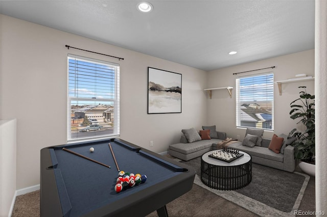 playroom with carpet floors and billiards