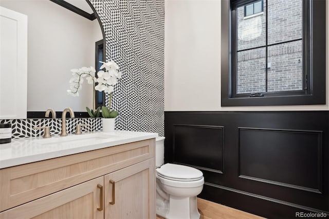 bathroom featuring vanity, toilet, and wood-type flooring