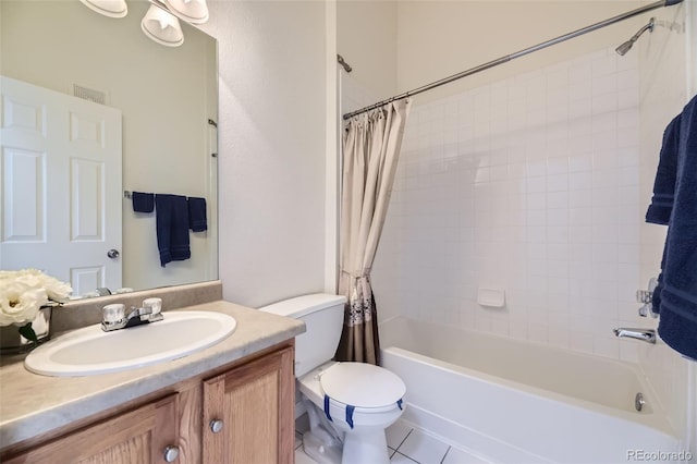 bathroom with tile patterned flooring, toilet, visible vents, vanity, and shower / bath combo with shower curtain