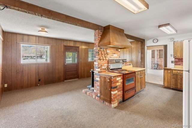 8005 W US Highway 50, Salida, CO 81201 - kitchen featuring range with electric cooktop, custom exhaust hood, light countertops, dark carpet, and wooden walls