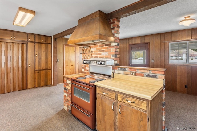 8005 W US Highway 50, Salida, CO 81201 - kitchen with range with electric stovetop, light colored carpet, custom range hood, brown cabinetry, and wood walls