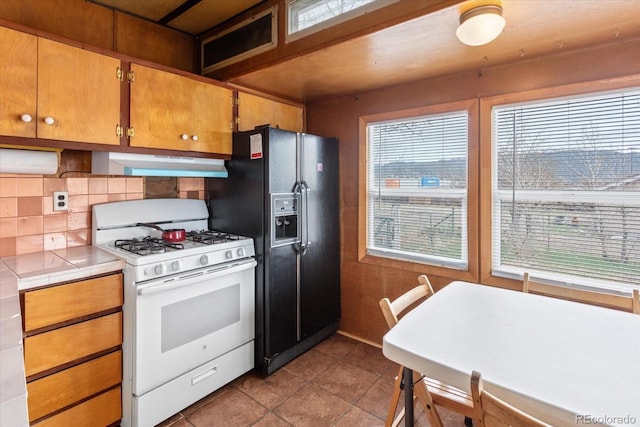 8005 W US Highway 50, Salida, CO 81201 - kitchen with white gas range, under cabinet range hood, tile counters, black fridge, and decorative backsplash