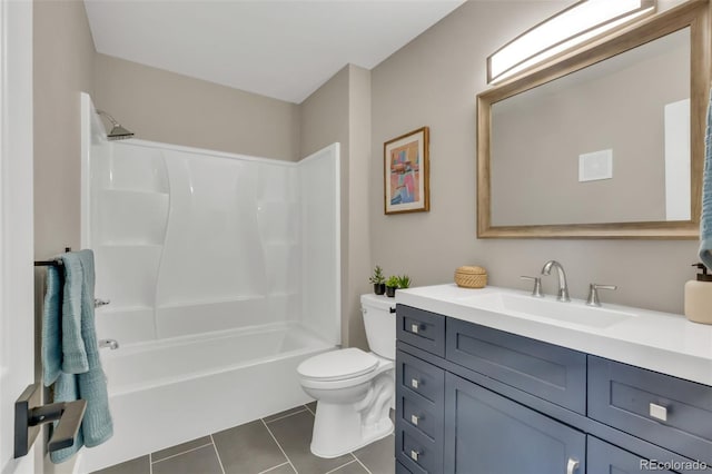 full bathroom with bathing tub / shower combination, tile patterned flooring, vanity, and toilet