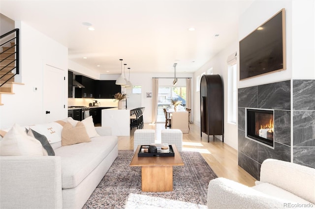 living room featuring wood-type flooring and a fireplace