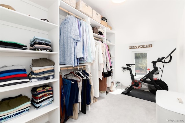 walk in closet featuring light colored carpet