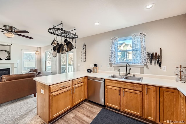 kitchen featuring ceiling fan, sink, a healthy amount of sunlight, stainless steel dishwasher, and kitchen peninsula