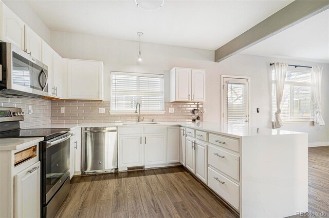 kitchen with sink, appliances with stainless steel finishes, dark hardwood / wood-style floors, pendant lighting, and white cabinets