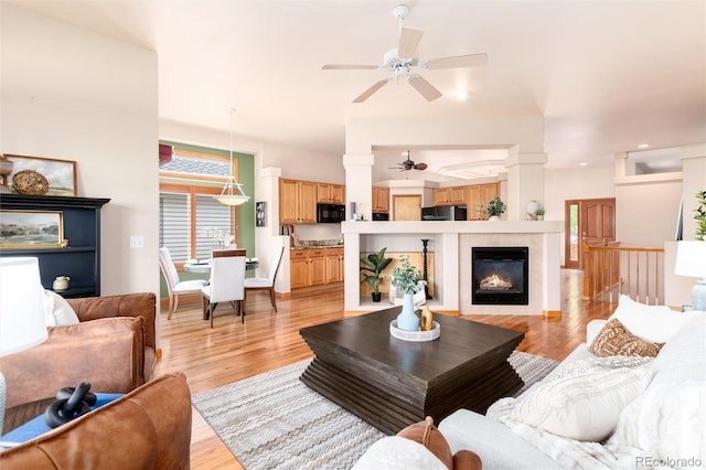 15851 Deer Ridge Dr, Morrison, CO 80465 - living room featuring ceiling fan, light wood-type flooring, and recessed lighting