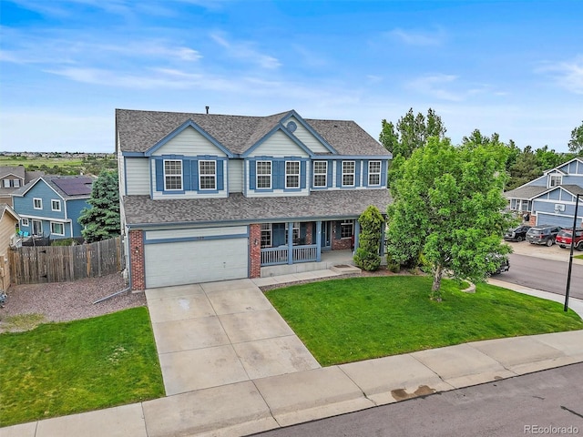 1120 N Calhan Ave, Castle Rock, CO 80104 - view of front of property with a porch, brick siding, concrete driveway, a garage, and roof with shingles