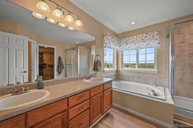 1120 N Calhan Ave, Castle Rock, CO 80104 - bathroom with a shower stall, a bath, double vanity, a spacious closet, and wood finished floors