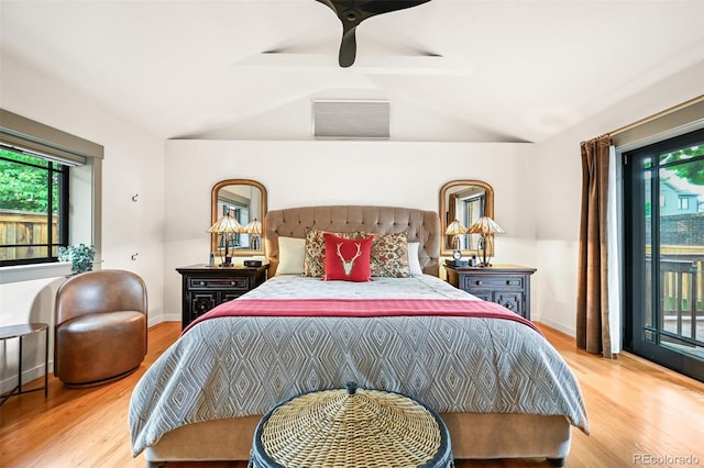 1414 S Vine St, Denver, CO 80210 - bedroom featuring access to exterior, wood finished floors, lofted ceiling, and a ceiling fan