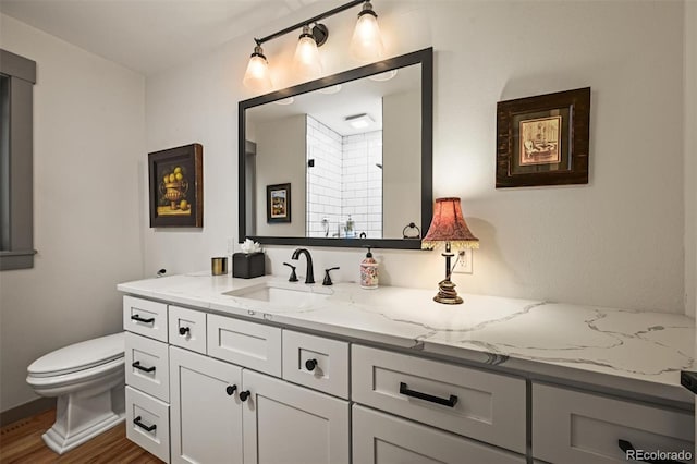 1414 S Vine St, Denver, CO 80210 - bathroom featuring vanity, wood finished floors, and a shower