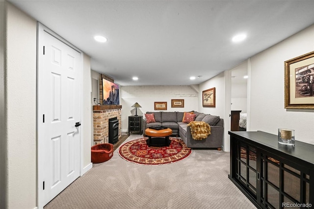 1414 S Vine St, Denver, CO 80210 - carpeted living room featuring a fireplace and recessed lighting
