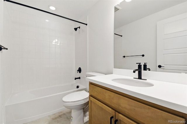 full bath with visible vents, toilet, shower / bathing tub combination, tile patterned floors, and vanity