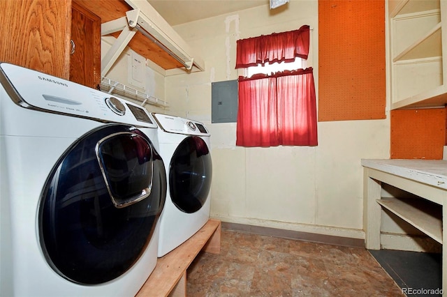 1822 N Circle Dr, Colorado Springs, CO 80909 - laundry room featuring electric panel, stone finish flooring, and washing machine and dryer
