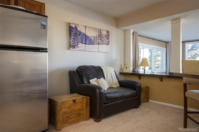 living area with light colored carpet and a textured ceiling