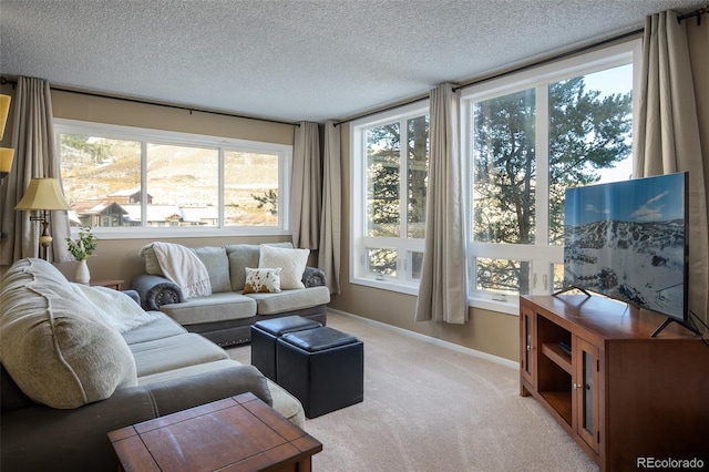 living room featuring a textured ceiling and light carpet