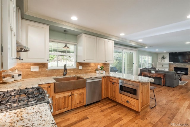 kitchen with a sink, appliances with stainless steel finishes, a peninsula, and ornamental molding