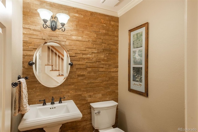 bathroom featuring a sink, ornamental molding, and toilet
