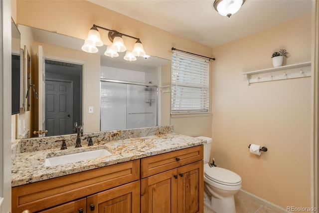 bathroom featuring tile patterned flooring, vanity, toilet, baseboards, and a stall shower