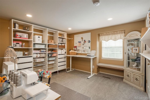 interior space featuring carpet floors, baseboards, and recessed lighting