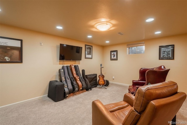 living room with carpet floors, recessed lighting, baseboards, and visible vents