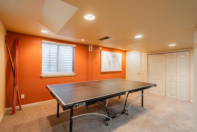 playroom featuring recessed lighting, carpet, and baseboards