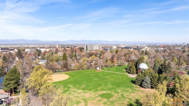 aerial view featuring a mountain view and golf course view