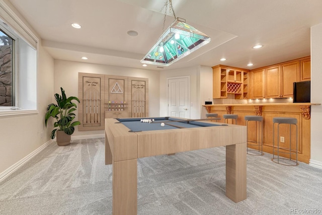 game room featuring light colored carpet and billiards