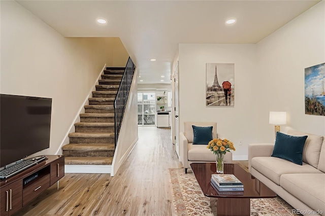 15775 E 13th Pl, Aurora, CO 80011 - living room with stairway, light wood-type flooring, and recessed lighting