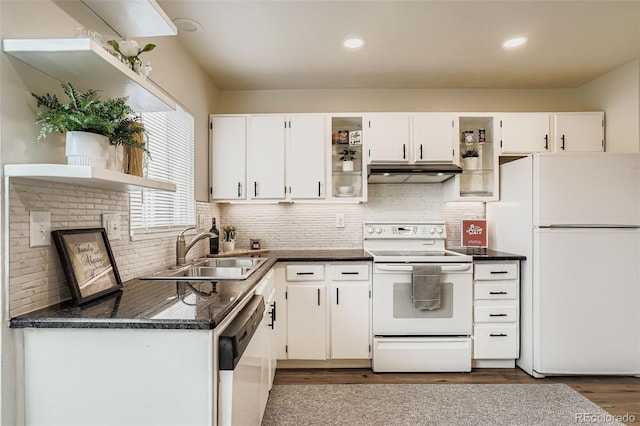 15775 E 13th Pl, Aurora, CO 80011 - kitchen featuring white appliances, open shelves, under cabinet range hood, white cabinets, and recessed lighting