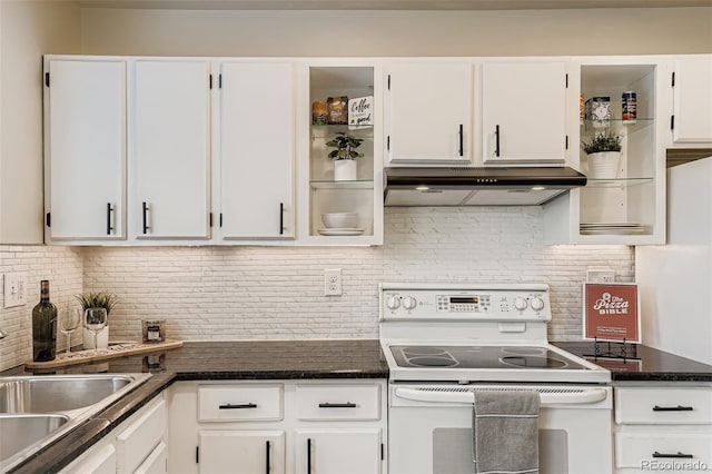 15775 E 13th Pl, Aurora, CO 80011 - kitchen featuring electric range, under cabinet range hood, tasteful backsplash, and white cabinets