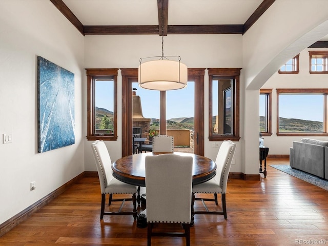 17121 Snow Creek Ln, Morrison, CO 80465 - dining room featuring hardwood / wood-style flooring, ornamental molding, and beam ceiling