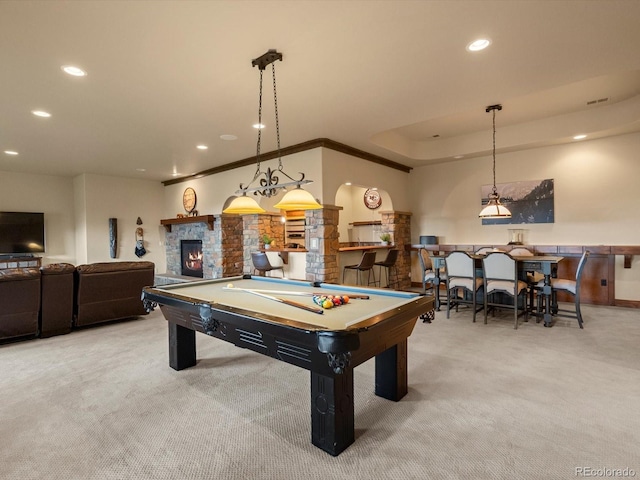 17121 Snow Creek Ln, Morrison, CO 80465 - playroom featuring carpet, pool table, recessed lighting, and a stone fireplace