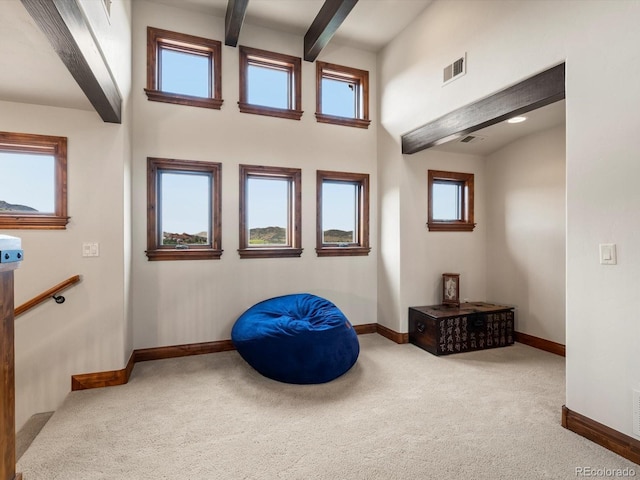17121 Snow Creek Ln, Morrison, CO 80465 - living area featuring carpet floors, beam ceiling, and a high ceiling