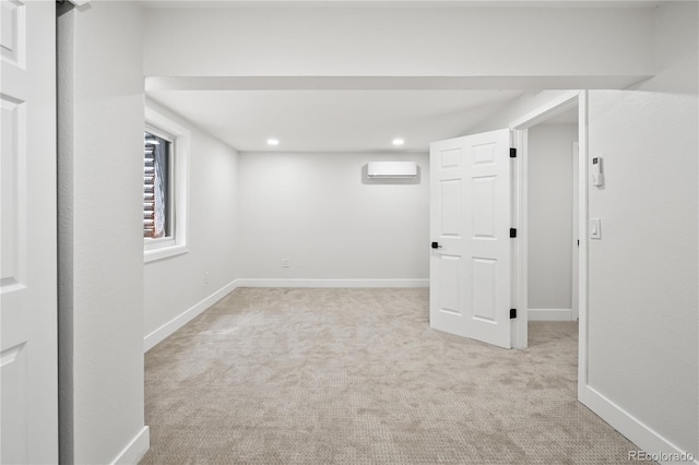 5569 Willow Springs Dr, Morrison, CO 80465 - below grade area featuring light colored carpet, a wall mounted AC, and recessed lighting