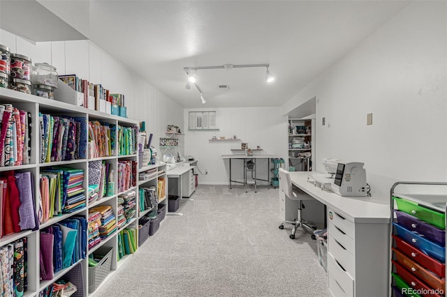 office with light colored carpet and track lighting