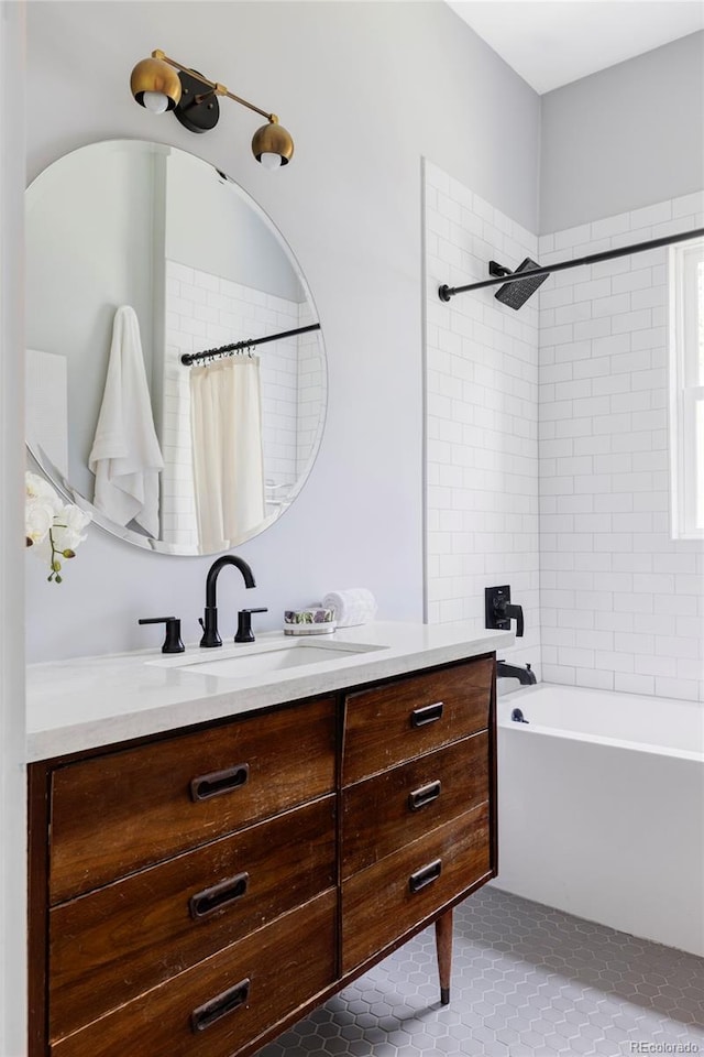 3346 W 30th Ave, Denver, CO 80211 - bathroom with vanity, shower / bathtub combination with curtain, and tile patterned flooring