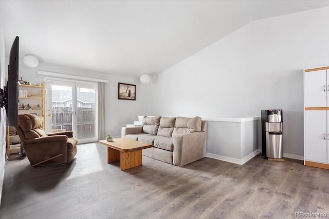 living room with wood-type flooring and lofted ceiling