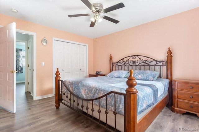 bedroom with ceiling fan, a closet, and wood-type flooring