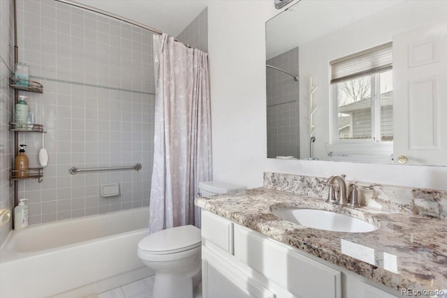 full bathroom with toilet, vanity, and shower / bath combination with curtain