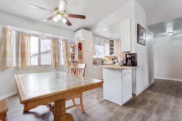 kitchen featuring ceiling fan, dark wood-type flooring, white cabinetry, and a healthy amount of sunlight