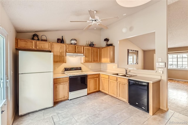 kitchen with white appliances, a textured ceiling, vaulted ceiling, and sink