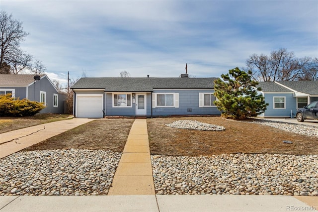 3041 S Glencoe St, Denver, CO 80222 - ranch-style house with concrete driveway, an attached garage, and a shingled roof