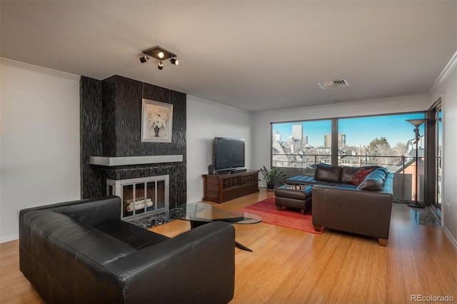 living room with a large fireplace, crown molding, and wood-type flooring