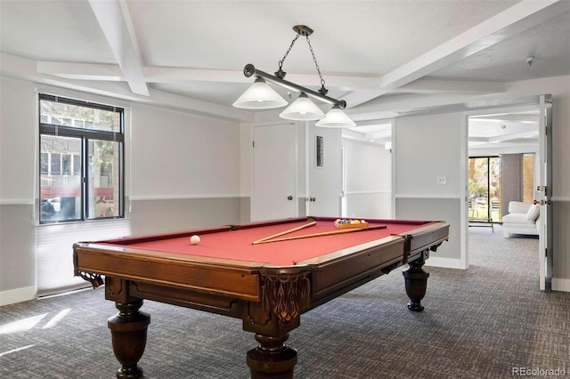 game room featuring carpet, coffered ceiling, and beamed ceiling