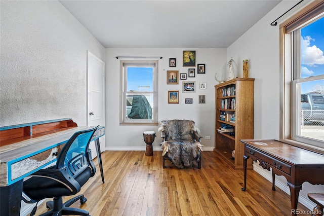 office featuring baseboards, light wood finished floors, and a healthy amount of sunlight
