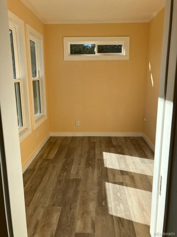 empty room with ornamental molding, a healthy amount of sunlight, and dark hardwood / wood-style flooring