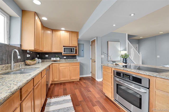 kitchen featuring light brown cabinetry, appliances with stainless steel finishes, tasteful backsplash, sink, and dark hardwood / wood-style flooring